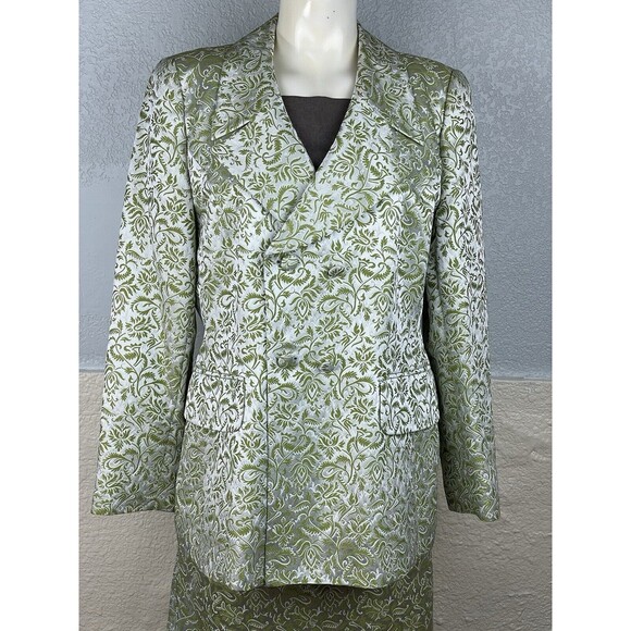Escada Couture Silver Jacquard Skirt Suit Women’s Size 42 Green White Germany - Picture 7 of 16